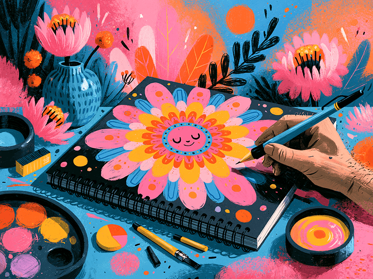 A hand-drawn dream mandala beside a dream journal