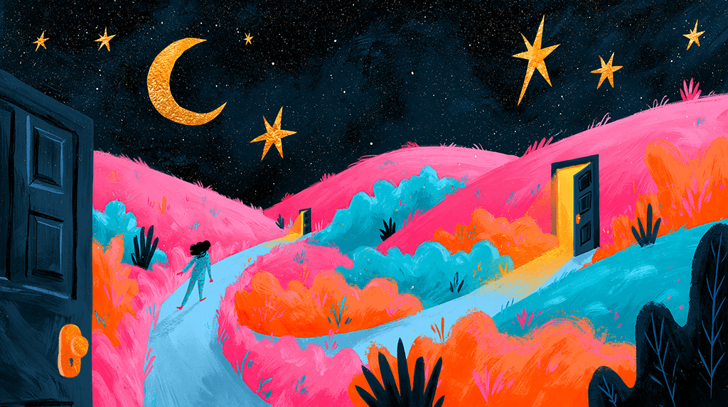 A dreamer standing before the same door appearing again and again, illustrating a recurring dream