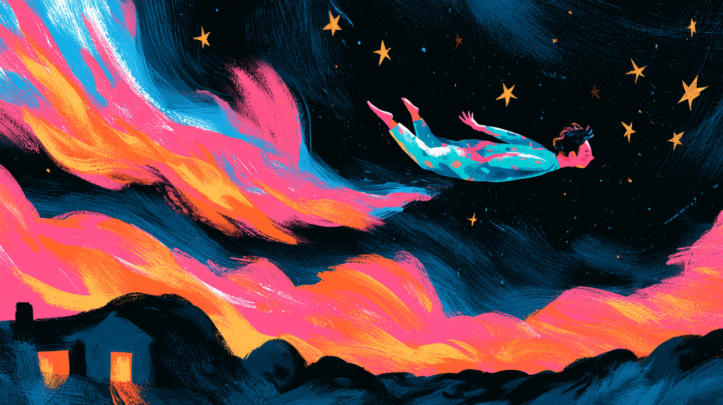 A dreamer falling gently through a night sky toward soft hills
