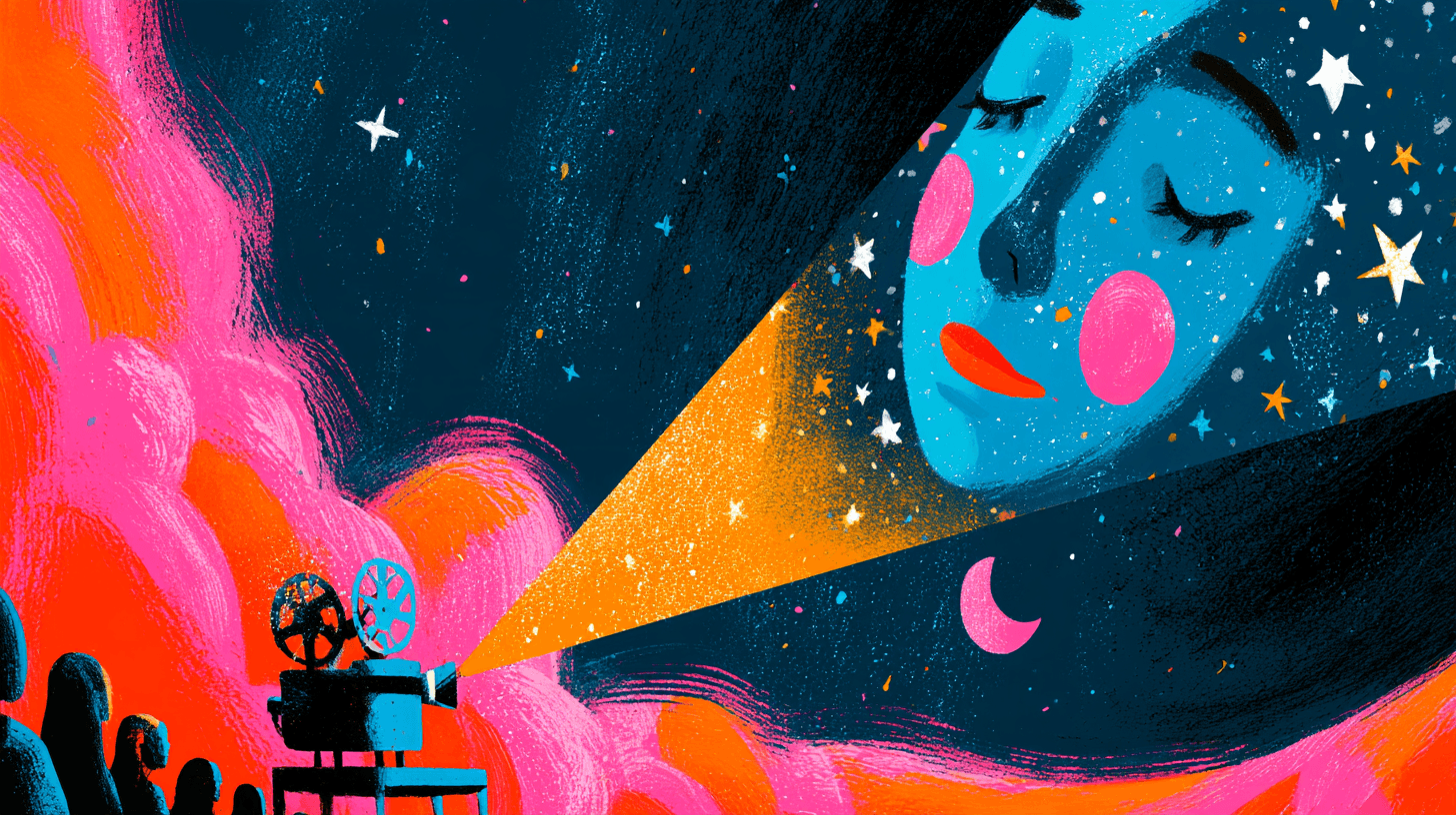 A vintage cinema projector casting a beam of golden stars onto a night sky