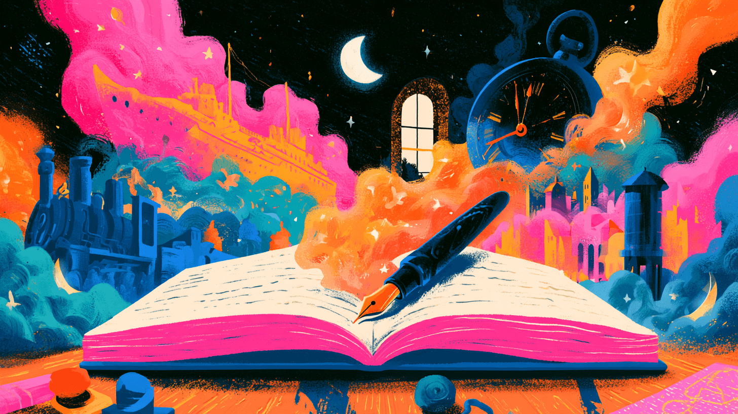 An open dated dream journal on a desk at night, dream scenes rising from the page
