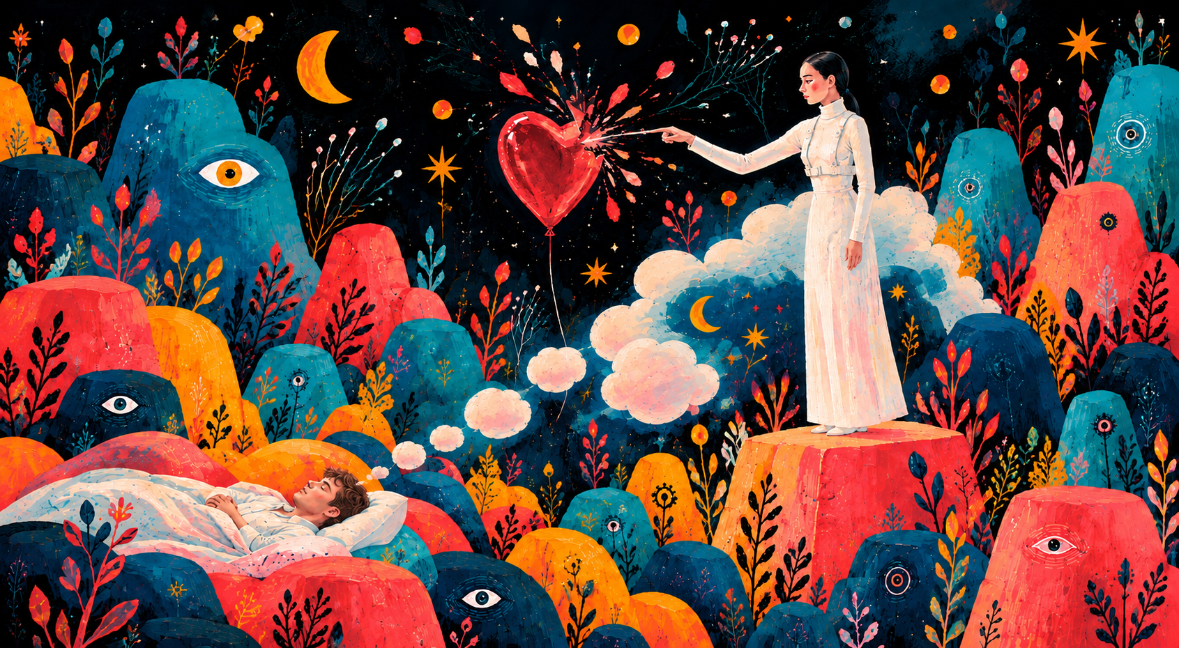 A sleeping man dreams of a woman in white bursting a red heart balloon with a pin, among bright hills dotted with watching eyes