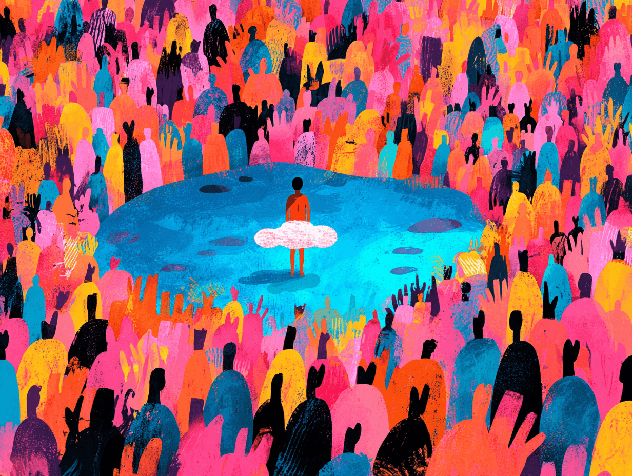 Seen from above, a tiny figure stands alone in a clear blue circle at the centre of a vast crowd of colourful faceless silhouettes, a small white cloud floating in front of them